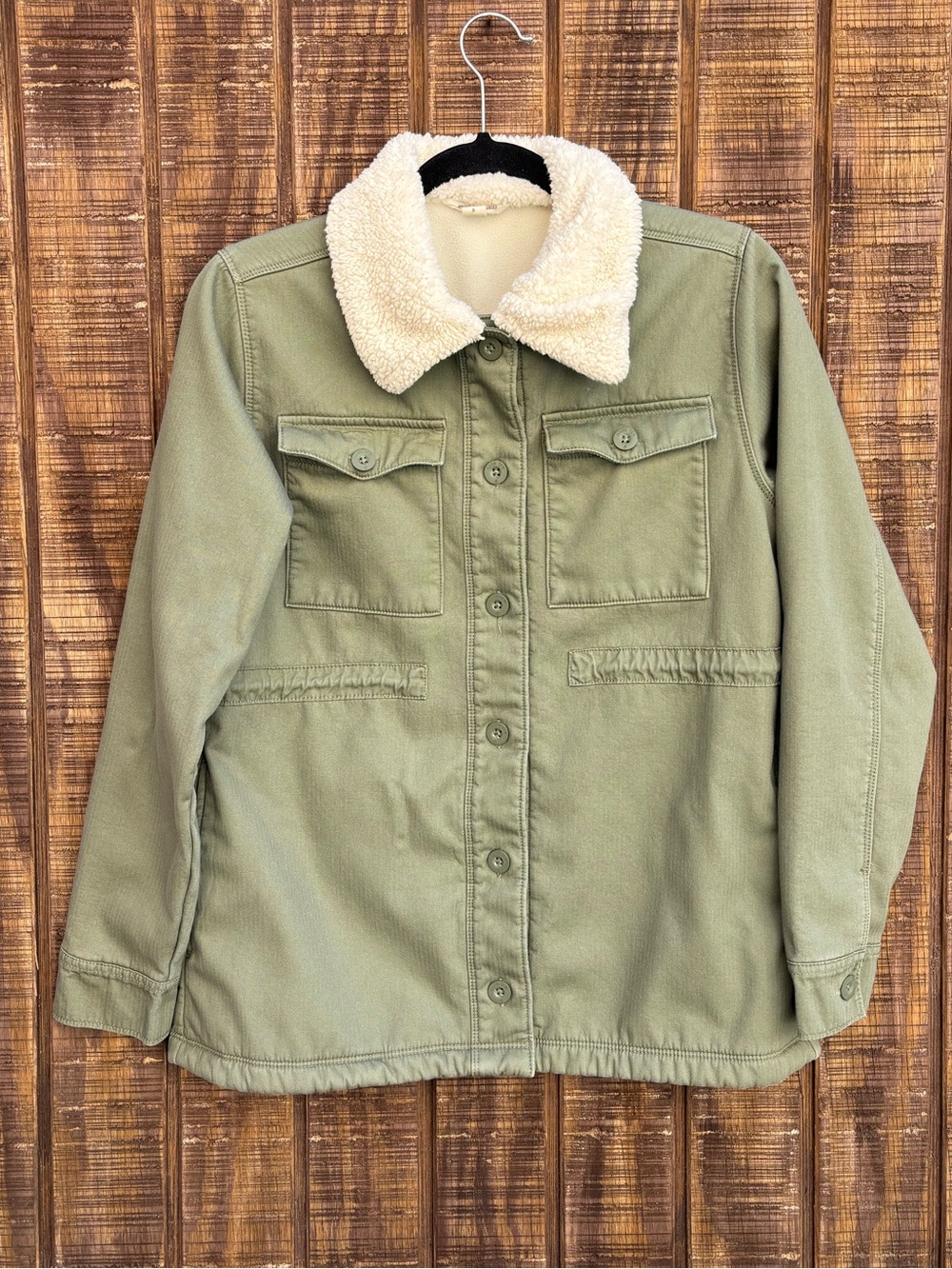 Hang Ten Olive Green Utility Jacket With Cream Sherpa Collar